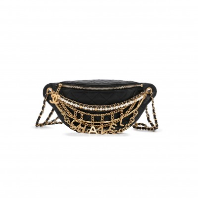 CHANEL BLACK QUILTED LEATHER ALL ABOUT CHAINS WAIST BAG  (24*17*1cm)